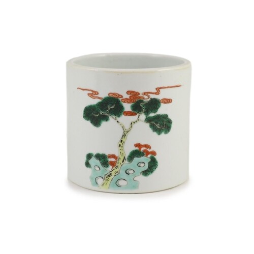A Chinese famille verte brushpot, bitong, 19th century, pain...