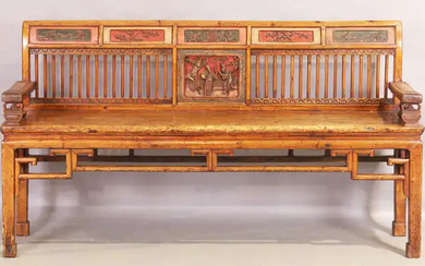 A Chinese hardwood bench, first quarter 20th century, the stick back with...