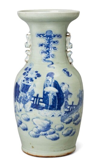 A Chinese porcelain celadon-glazed baluster vase, 19th century, painted in underglaze blue with attendants carrying a jardinière bearing flowering chrysanthemum blooms to a waiting scholar, with moulded Buddhist lion handles, 44cm high