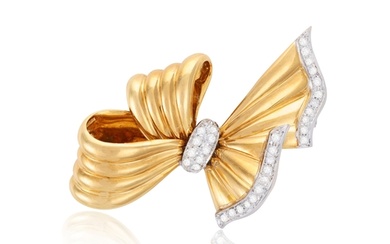 A DIAMOND BOW BROOCH Designed as a stylised polished gold b...
