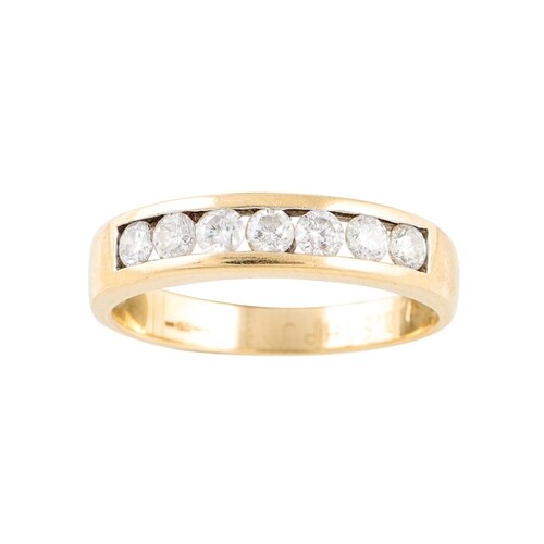 A DIAMOND HALF ETERNITY RING, channel set, mounted in 18ct y...