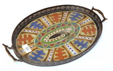 A Dutch Arnhem pottery oval tray, metal frame