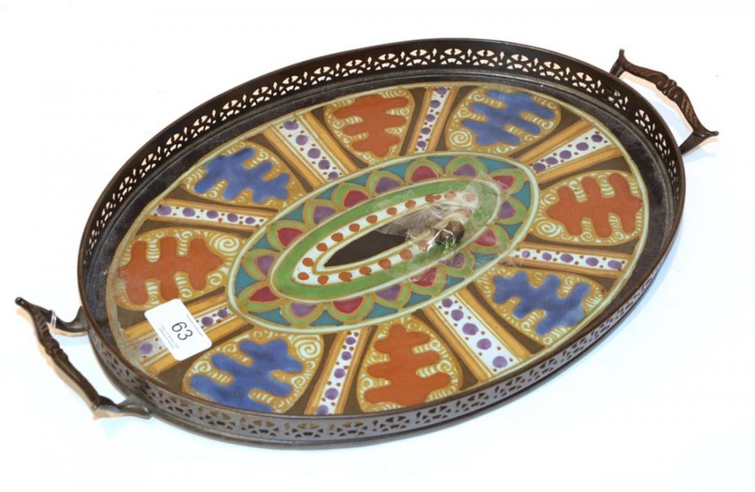 A Dutch Arnhem pottery oval tray, metal frame