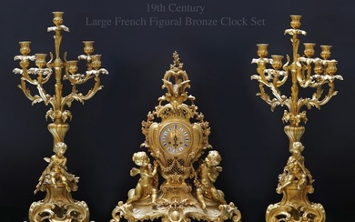 A Fine Large 19th C. French Figural Bronze Clock Set