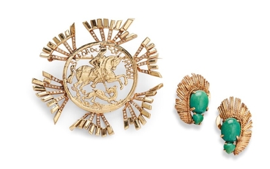 A GOLD AND DIAMOND BROOCH AND A PAIR OF GOLD AND TURQUOISE EAR CLIPS, EACH BY SEAMAN SCHEPPS, 20TH CENTURY