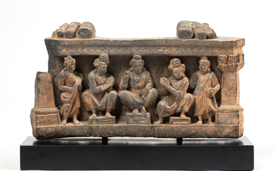 A GREY SCHIST CARVING OF BUDDHA AND DISCIPLES, GANDHARA, POSSIBLY 5TH CENTURY