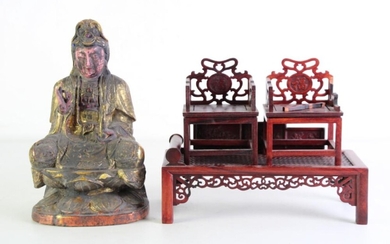 A Gilt Painted Timber Seated Buddha Figure (H 23cm) Together with Miniature Chinese Furniture (L 23cm, some losses)