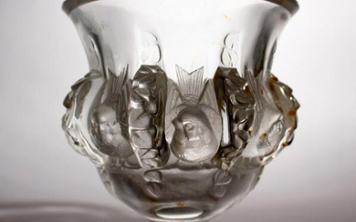 A LALIQUE CUT AND MOULDED GLASS URN SHAPED VASE, the
