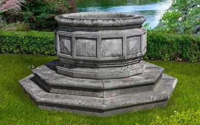 A LARGE CARVED STONE OCTAGONAL WELLHEAD/PLANTER, LATE 19TH CENTURY