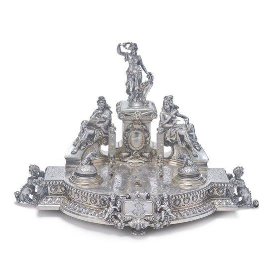 A LARGE CONTINENTAL SILVER FIGURAL INKSTAND, LATE 19TH CENTURY