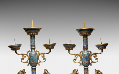 A LARGE PAIR OF CHINESE CLOISONNE ENAMELLED 'DOUBLE-RAMS' CANDLESTICKS