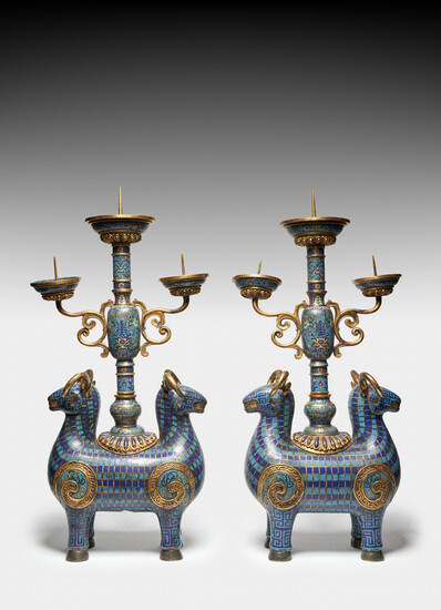 A LARGE PAIR OF CHINESE CLOISONNE ENAMELLED 'DOUBLE-RAMS' CANDLESTICKS