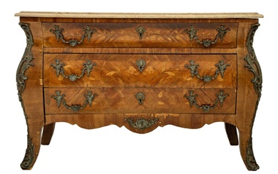 A Louis XV style kingwood and fruitwood marquetry marble top bombe commode.