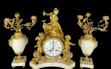 A MAGNIFICENT FRENCH BRONZE AND MARBLE CLOCK GARNITURE