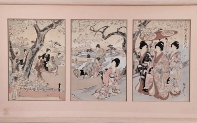 A Meiji Framed Japanese Woodblock Triptych (91.5cm x 51.5cm)