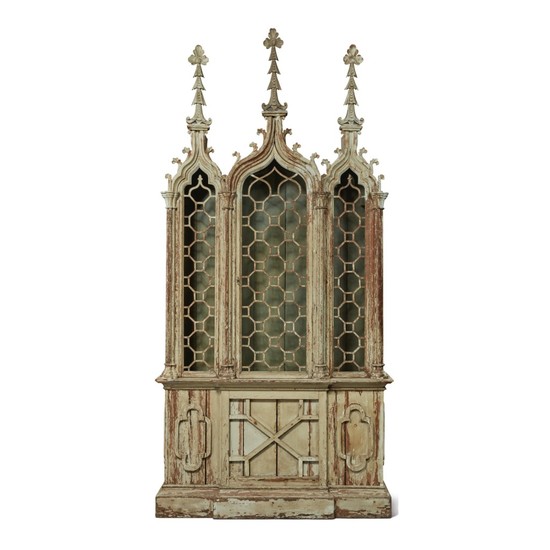 A NEO-GOTHIC STYLE WHITE-PAINTED CABINET ON STAND, INCORPORATING 19TH CENTURY ELEMENTS