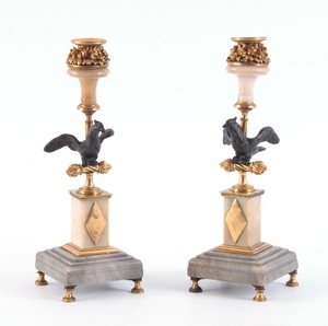 A PAIR OF 19TH CENTURY FRENCH BRONZE, ORMOLU AND MARBLE CAND...