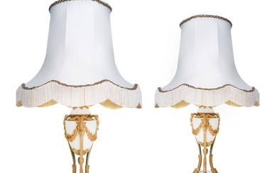 A PAIR OF ANTIQUE CARRARA MARBLE AND GILT BRONZE TABLE LAMPS LOUIS XVI STYLE, FRANCE