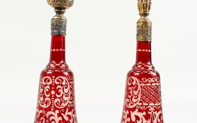 A PAIR OF BOHEMIAN RUBY ENGRAVED SCENT BOTTLES AND