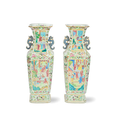 A PAIR OF CANTON FAMILLE ROSE SQUARE BALUSTER VASES