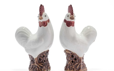 A PAIR OF CHINESE WHITE-GLAZED RED-CRESTED COCKEREL, 20TH CENTURY