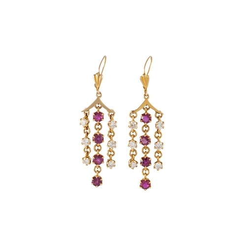 A PAIR OF DIAMOND AND RUBY DROP EARRINGS, chandlier design, ...