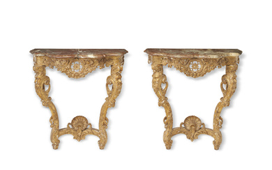 A PAIR OF FRENCH GILTWOOD CONSOLE TABLES ONE REGENCE CIRC...