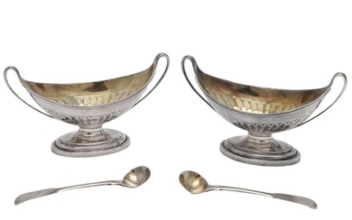 A PAIR OF GEORGE III SILVER PEDESTAL SALTS. with navette-sha...