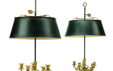 A PAIR OF LARGE EMPIRE ORMOLU AND TOLE-PEINT FIVE-LIGHT LAMPES BOUILLOTES