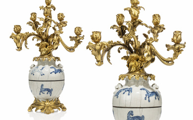 A PAIR OF LARGE FRENCH ORMOLU-MOUNTED CHINESE PORCELAIN SEVEN-LIGHT CANDELABRA BY HENRI VIAN, PARIS, CIRCA 1900, THE PORCELAIN QING DYNASTY, 19TH CENTURY