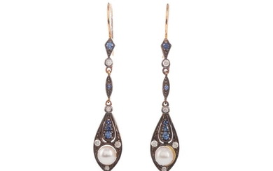 A PAIR OF PEARL, SAPPHIRE AND DIAMOND EARRINGS