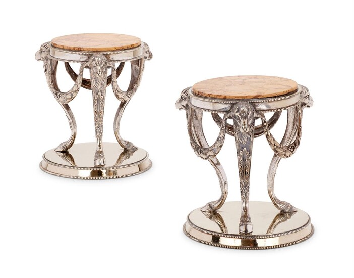 A PAIR OF VICTORIAN ELECTRO-PLATED AND MARBLE MOUNTED CIRCULAR STANDS