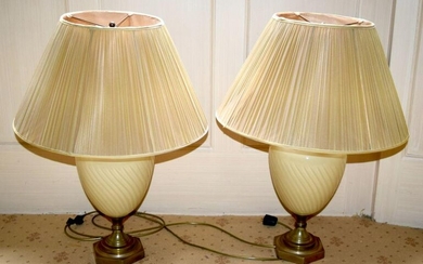 A PAIR OF WRYTHEN MOULDED GLASS COUNTRY HOUSE LAMPS.