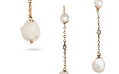 A PEARL AND DIAMOND NECKLACE AND EARRINGS SUITE in yellow gold, the necklace set with a rose cut