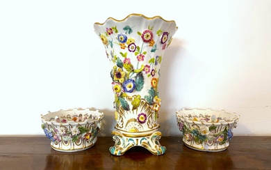 A Pair of Early 19th Century Porcelain Pot Pourri Bowls, Extensive Floral Decoration with Gilt Highlights, each 8cm D, together with A Coalport Porcelain Vase (AF), Decorated Similarly, 15cm H