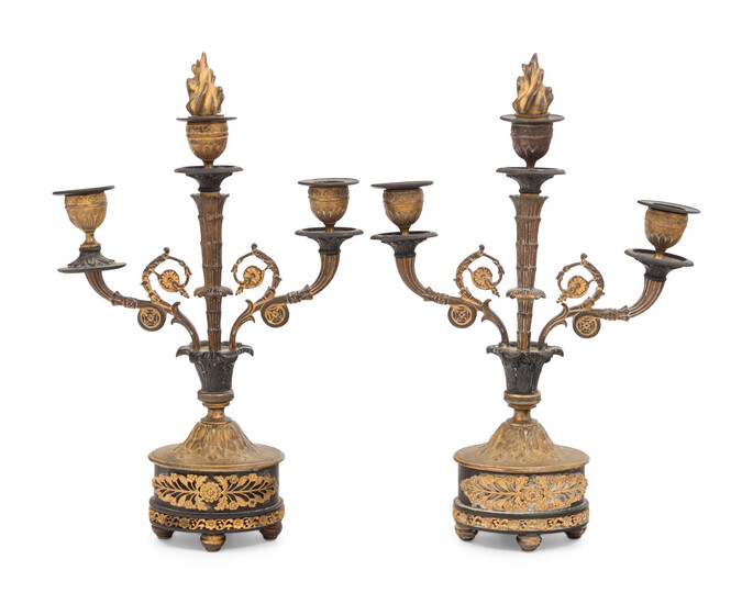 A Pair of Empire Gilt and Patinated Bronze Two-Light Candelabra