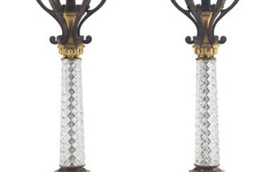 A Pair of Gilt Metal and Cut Glass Candelabra