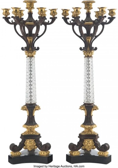 A Pair of Gilt Metal and Cut Glass Seven-Light C