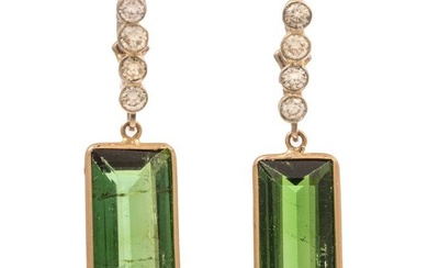 A Pair of Green Tourmaline & Diamond Earrings