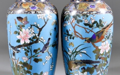 A Pair of Japanese Cloisonne Enamel Baluster Shaped Vases,...