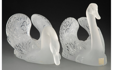 A Pair of Lalique Clear and Frosted Glass Cygne Tete Droite and Cygne Tete Penchee Swan Figures (post-1945)