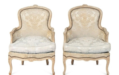 A Pair of Louis XV Grey-Painted Bergeres of Small Size