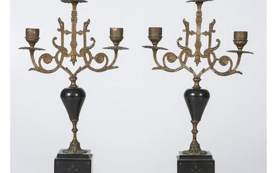 A Pair of Marble and Metal Candlesticks
