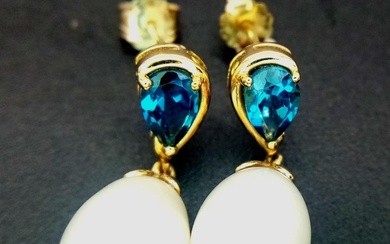 A Pair of White Pearl and London Blue Topaz...