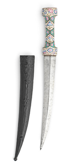 A Qajar enamelled-copper hilted steel dagger (jambiyya) Persia, 19th Century...