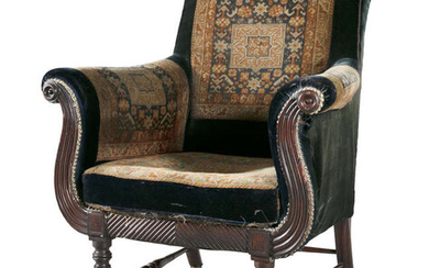 A REGENCY MAHOGANY FRAMED AND UPHOLSTERED LIBRARY CHAIR,...