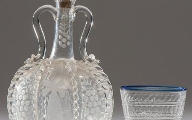 A Rare Stiegel-Type Etched Glass Jug and a Blue-Rimmed