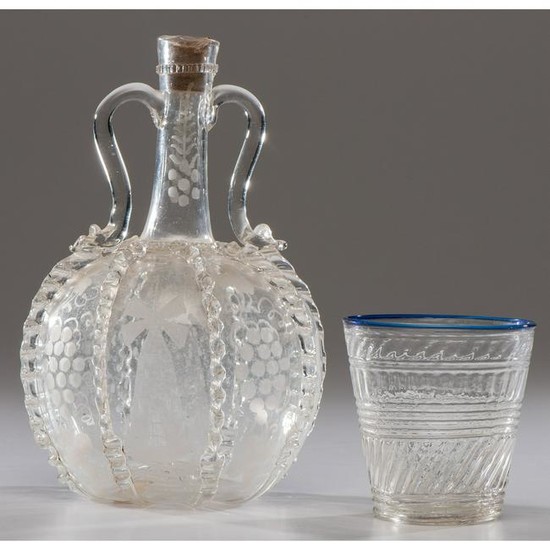 A Rare Stiegel-Type Etched Glass Jug and a Blue-Rimmed