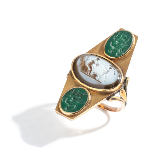 A Roman Banded Agate and Two Green Jasper Ring Stones with Mythological Figures
