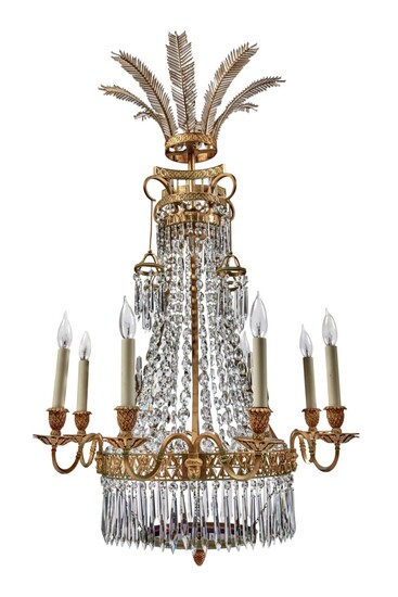 A Russian Neoclassical Style Gilt Bronze, Cut Glass, and Cobalt Glass Eight-Light Chandelier